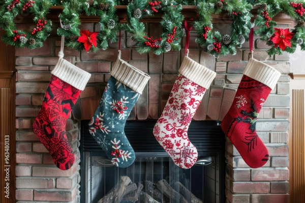 Fototapeta Four Christmas stockings hanging on a brick fireplace with bright red wreaths and mistletoe adding charm to the festive decor.. AI generated.