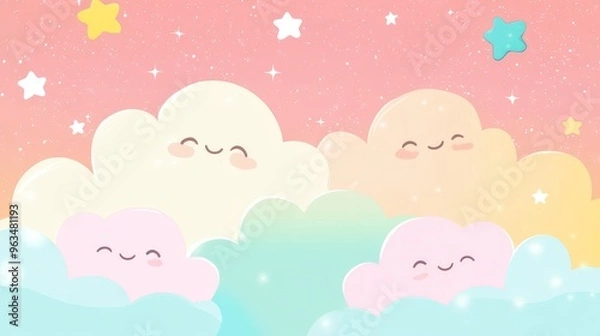 Fototapeta A whimsical and enchanting illustration featuring fluffy, pastelcolored clouds and sparkling stars set against a soft, beautiful pink background, which evokes feelings of dreams and fantasy