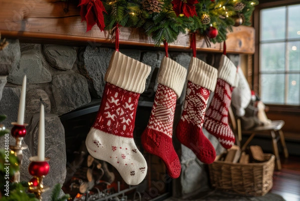 Fototapeta Rustic Christmas stockings, featuring knitted patterns, hanging by a warm fireplace with wreaths and mistletoe completing the holiday decor.. AI generated.