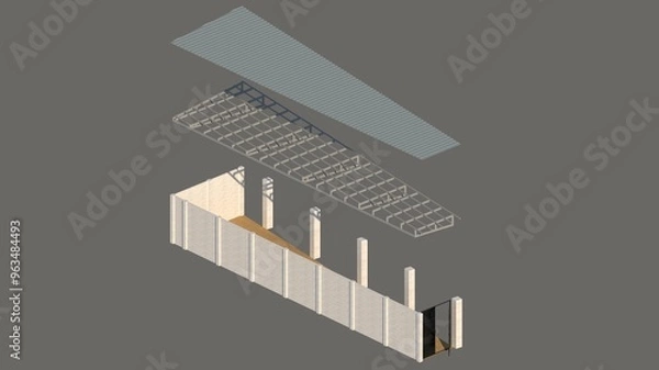 Fototapeta 3D axonometric detail illustration of a canopy with a concrete panel wall, using light steel trusses and a grey Spandek roof, for exterior architectural visualization