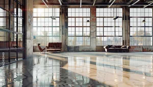 Fototapeta Contemporary office with incredible windows, at sunset with comfortable and very cozy armchairs and a relaxed atmosphere.