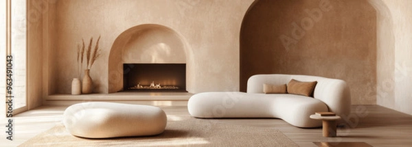 Fototapeta Japandi Boho Style Living Room with Curved Beige Sofa and Arched Fireplace