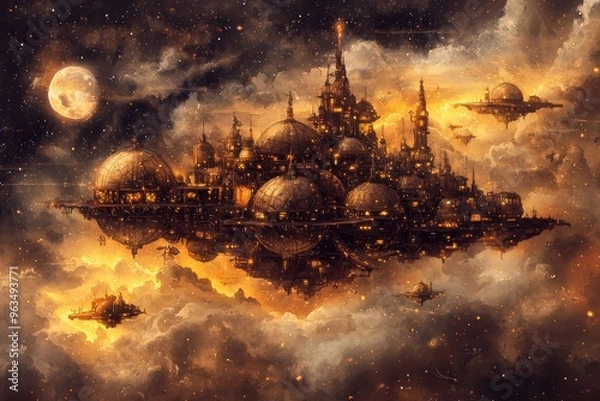 Fototapeta Majestic fantasy city in the sky, illuminated by glowing moon and surrounded by magical clouds
