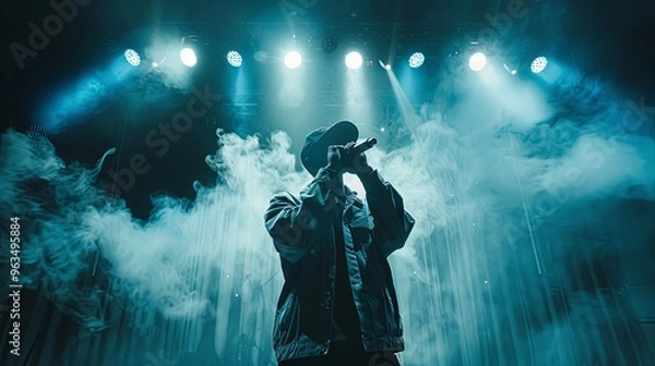 Obraz Rap trap and hip hop star performing on nightclub stage with dark background smoke and spotlights