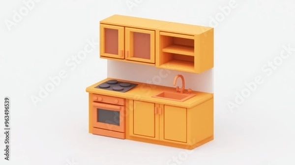 Obraz A stylized orange kitchen set with cabinets, stove, and sink, designed for creative projects.