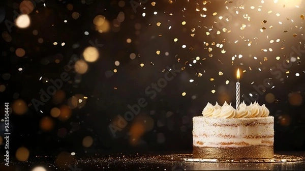 Obraz Luxurious birthday cake with gold and silver glitter, rich dark background with metallic confetti falling