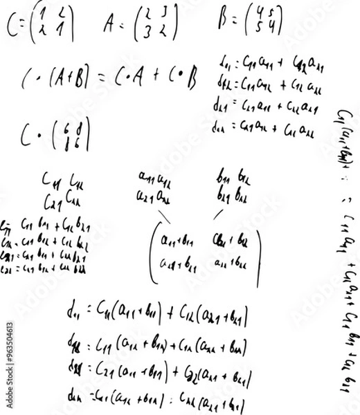 Fototapeta Set of mathematical formulas and solutions to problems and equations. Homework of a student. Vector image of algebra and geometry tasks.