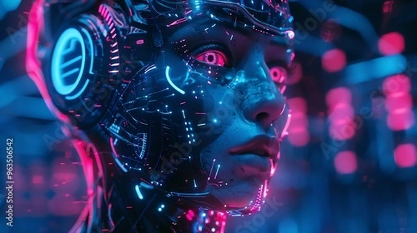 Fototapeta Close-up of a Cyborg's Face with Glowing Neon Lights