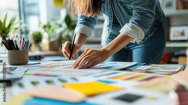 Fototapeta Designer Creating Interactive Layout Elements for Print Media in a Bright Studio Workspace