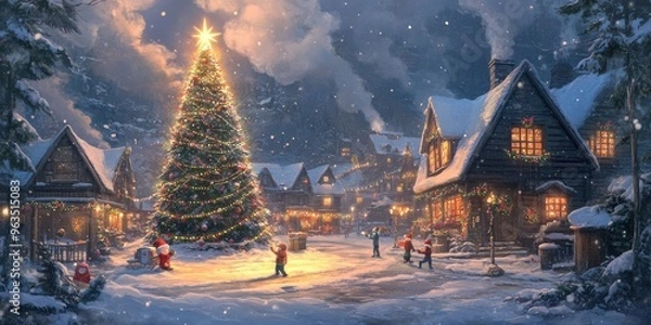 Obraz A snowy village at night with warmly lit cottages, smoke curling from chimneys