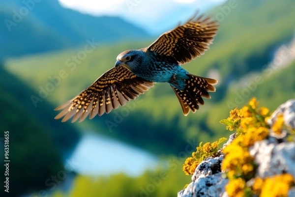Fototapeta Bird hovering above a valley, surveying the world below as it finds calm and stillness in the open air, high above the earth