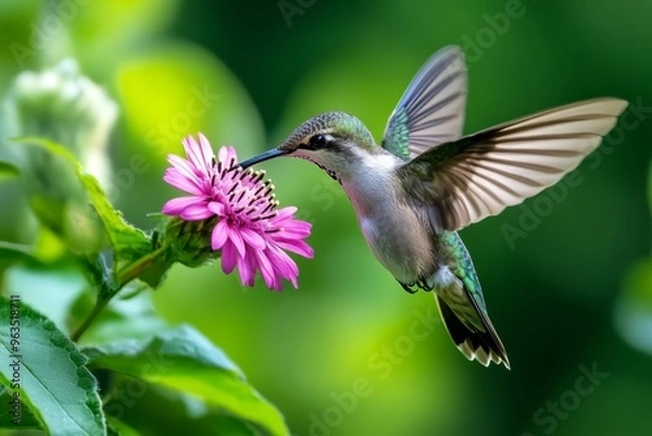 Fototapeta Bird hovering in place, flapping its wings rapidly as it inspects a flower, mid-air, like a hummingbird in search of nectar