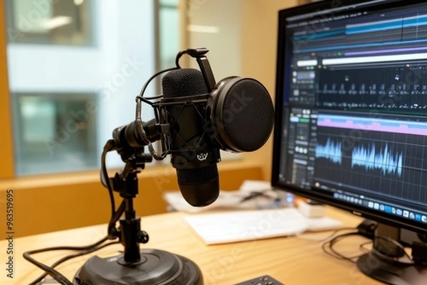 Fototapeta A high-quality podcast studio setup featuring a professional microphone, a computer monitor displaying audio editing software, and a desk with a notepad and pen. The image represents the process of cr