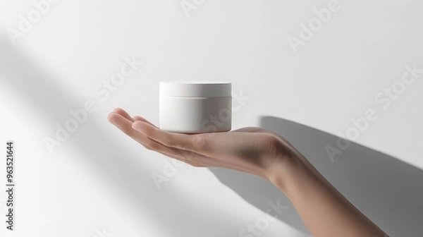 Fototapeta A hand presenting a moisturizer jar mockup against a solid white background