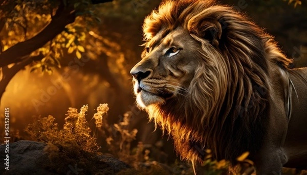 Fototapeta Majestic lion standing in the wilderness, bathed in the golden light of sunset. The image captures the strength and regal nature of the king of the jungle, perfect for wildlife and nature themes.. AI