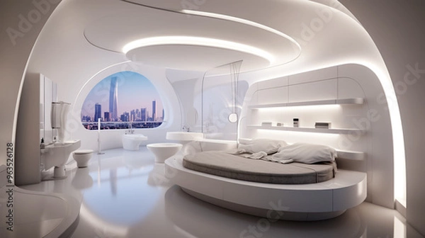 Obraz Futuristic interior design of modern bedroom with city view