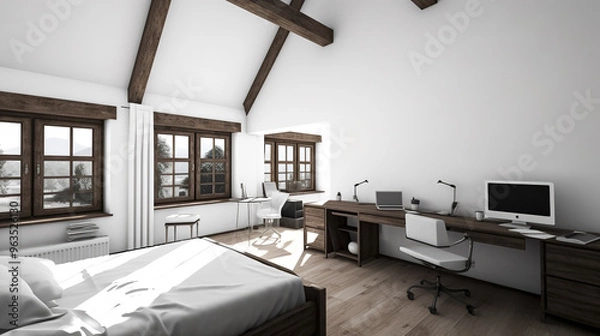 Fototapeta Modern interior of a home office combined with a library and a relaxation area