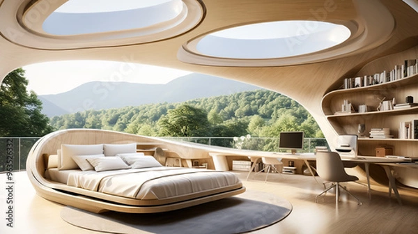 Obraz Futuristic interior design of modern bedroom with forest view