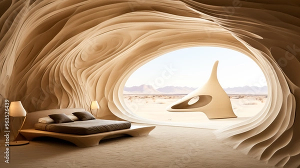 Fototapeta Futuristic modern bedroom interior design that looks like a cave with a huge oval window and a picturesque view of the desert and mountains in the distance