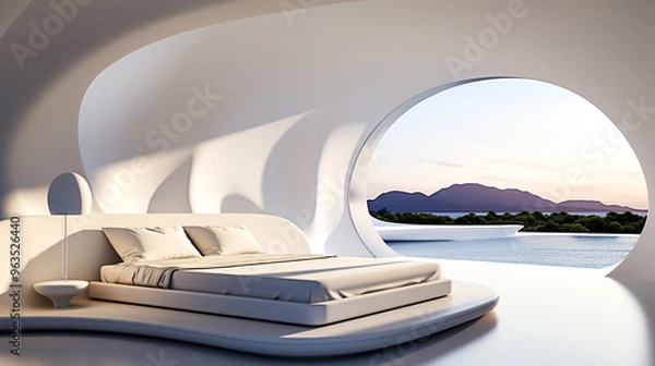 Obraz Futuristic interior design of modern bedroom with swimming pool and terrace