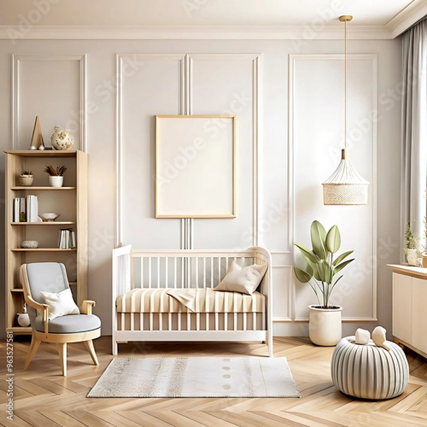 Fototapeta Blank wall mock up in cozy nursery interior, Scandinavian style, 3D render, white Mock up