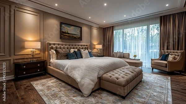 Fototapeta A luxurious bedroom with a king-size bed, a tufted ottoman, and a large window with brown curtains and sheer drapes.