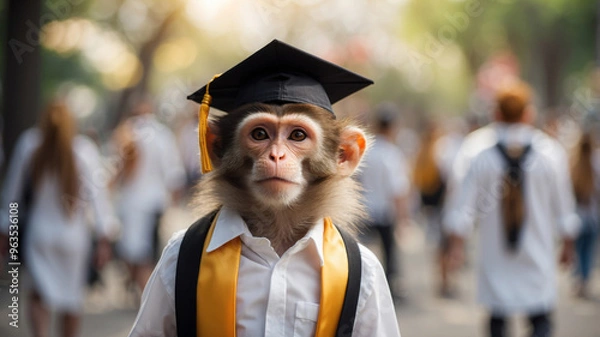 Obraz Monkey Wearing Graduation Cap and White Shirt.