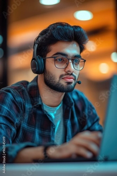 Fototapeta A man wearing a headset and glasses is using a laptop. He is focused on his work and he is in a serious mood