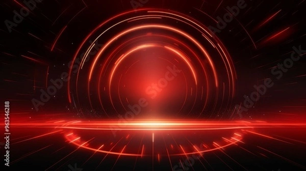 Fototapeta Abstract technology futuristic neon circle glowing red light lines with speed motion blur effect on dark red background. Vector illustration