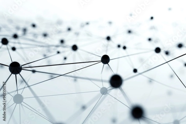 Fototapeta A close up of a bunch of black spheres connected by lines. Concept of complexity and interconnectedness, as the spheres are linked together in a web-like pattern