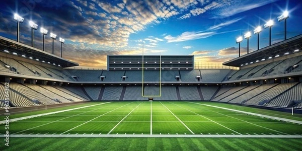 Fototapeta A minimalist stadium with a pristine football field and a sleek digital scoreboard displaying the game statistics, contemporary, competition, sports, green, football field, modern