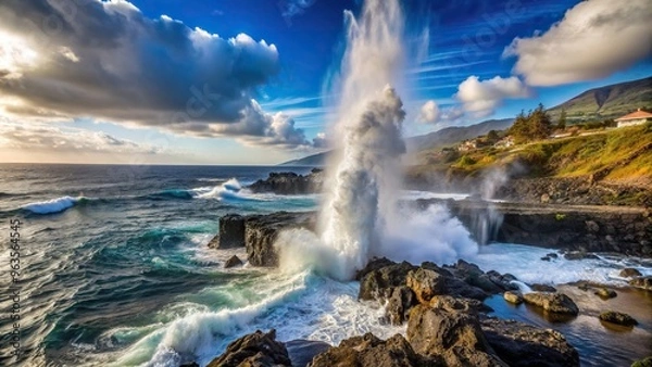 Fototapeta A stunning stock photo featuring the spouting horn on the breathtaking coastline of La Palma showcasing the captivating forced perspective of the mesmerizing natural phenomenon