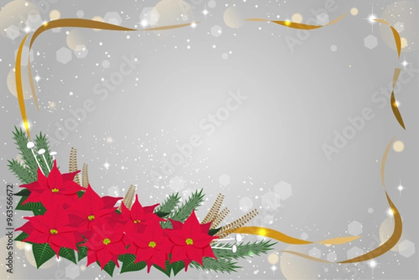 Fototapeta ポインセチアの花束と金色のリボンが添えられたクリスマスの背景