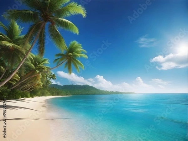 Fototapeta Serene Caribbean beach with palm leaves, clear blue waters, and golden sands. Ideal for sunny holidays, relaxation, and seascape exploration
