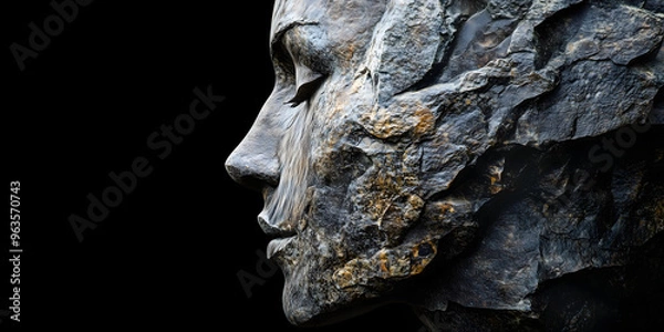 Obraz Rock formations of face that resemble human features against a dark background.