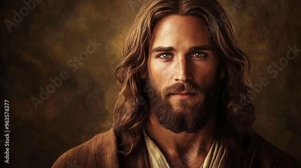 Fototapeta portrait of a handsome long-haired man with a beard in traditional tunic