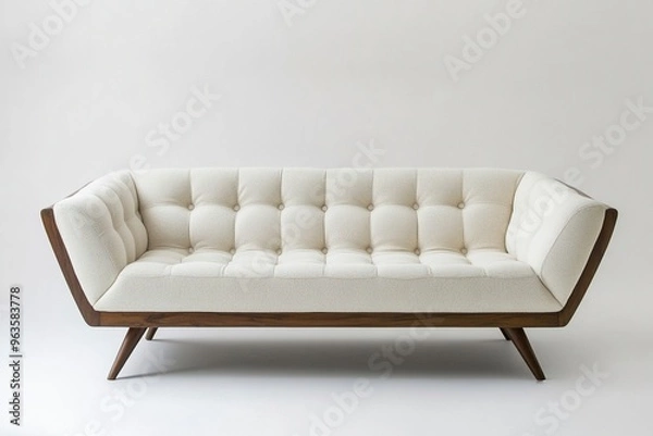 Fototapeta Chic modern sofa with button tufts and angular wooden legs isolated.generative ai