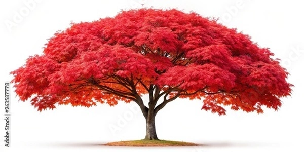 Fototapeta Japanese maple tree with vibrant red foliage in full bloom during the fall season isolated on a white background with a clipping path, tree, picturesque, tranquil, beauty, nature, seasonal