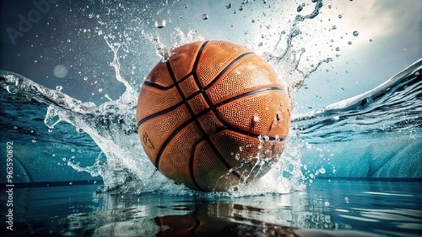 Fototapeta splash, movement, playing, innovative, abstract, shooting, action, skill, Basketball being played underwater with a splash captured in a medium shot against a white background