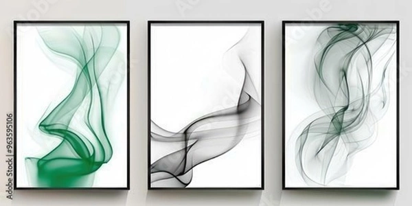 Fototapeta Three framed art pieces featuring smoke shapes and leaves, adding a touch of elegance and nature-inspired design. AI generated illustration.