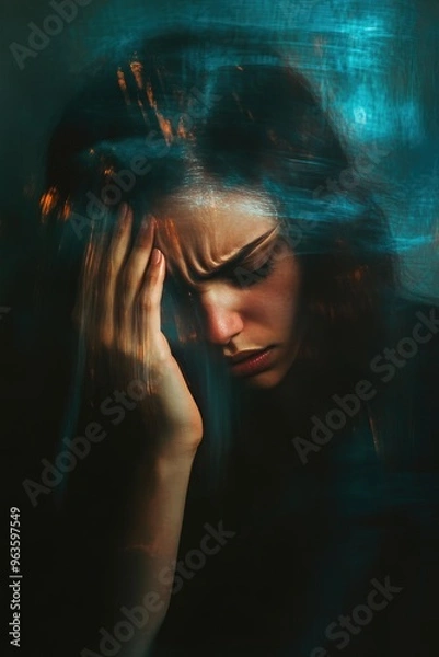 Fototapeta Dark Tones and Blurry Effects Highlighting Anxiety in Portrait