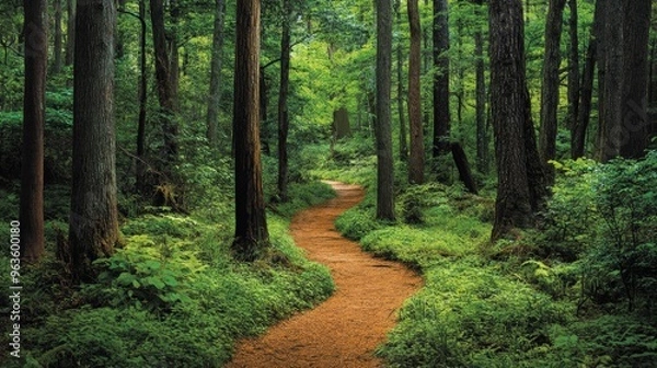Fototapeta A tranquil forest setting with towering trees and a meandering path, capturing the peaceful ambiance and lush greenery of the woodland area