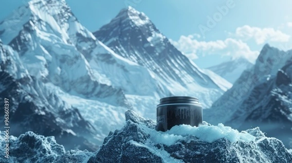 Obraz A jar of liquid shilajit resin stands on a snow-covered rock, while the majestic peaks of the Himalayan Mountains rise in the background under a bright clear sky. A black jar in the mountains.