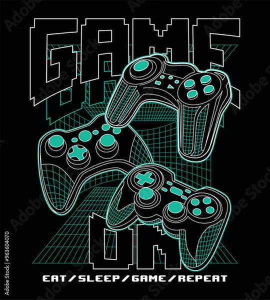 Obraz Gaming illustration, game on, wireframe gaming console vector print