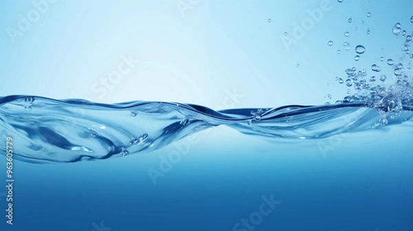 Fototapeta A blue ocean with a wave and lots of water droplets