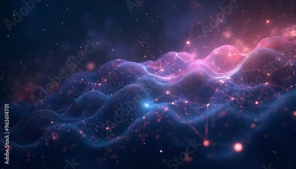 Fototapeta Interconnected glowing threads forming cosmic web, starlight radiance, space colors, copy space