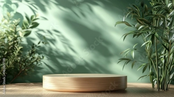 Fototapeta A wooden platform placed on a table with a soft green background and shadows from surrounding plants, ideal for displaying products or creating nature-themed scenes,