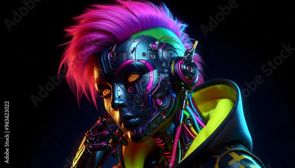 Fototapeta A futuristic cyborg robot woman with vibrant neon colors in cyberpunk style, a blend of technology and art
