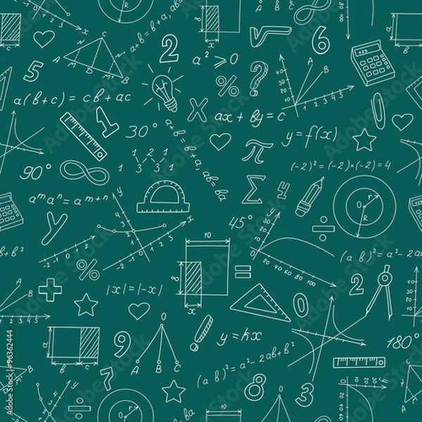 Obraz Seamless background with graphs and formulas in the subject of mathematics and learning, white contour on green background