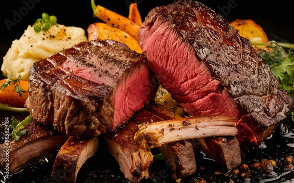 Fototapeta the chuck or chuck steak and the ribs or ribs, a naturally tender and red meat. It looks deliciously cooked, with pepper and salt sprinkled on the prime beef. With side dishes on the side